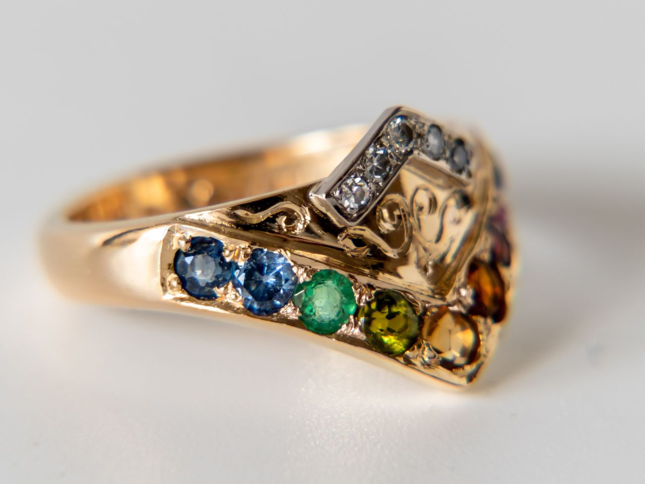 Bespoke gold ring with gemstones at the jeweller's bench